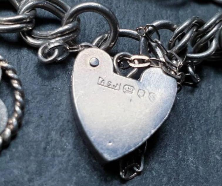 Vintage SILVER LINK BRACELET with 3 Charms and Padlock Lock - Sterling Silver - 17.2g
