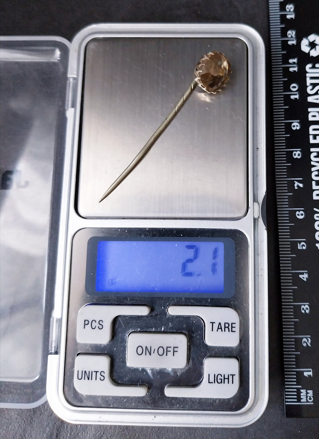 Antique 14ct GOLD STICK PIN  with Smoky Quartz gemstone  - 2.1g