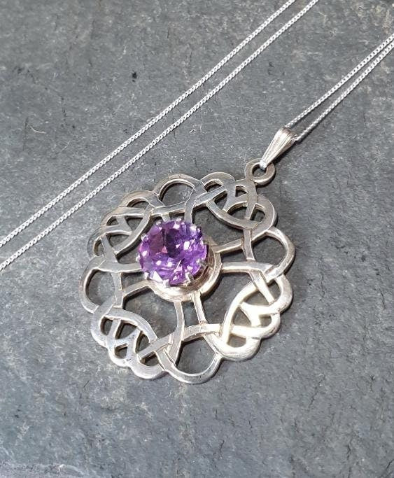 Vintage ORTAK Amethyst Pendant Necklace - Malcolm Grey on 20" silver chain - 8.2g