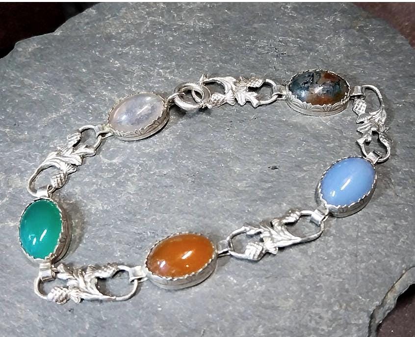 Vintage STERLING SILVER Agate and Thistle Bracelet - 20cm - 11.3g