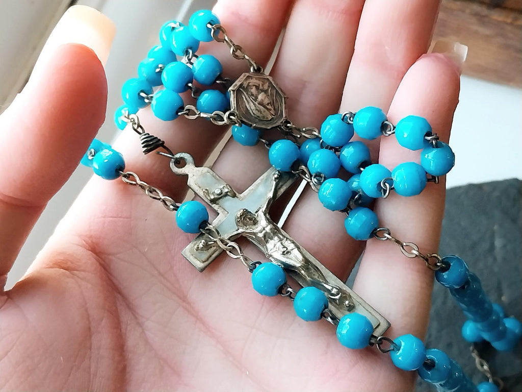 Vintage French BLUE ROSARY Beads, Old Prayer Beads and crucifix - 24" - 23g