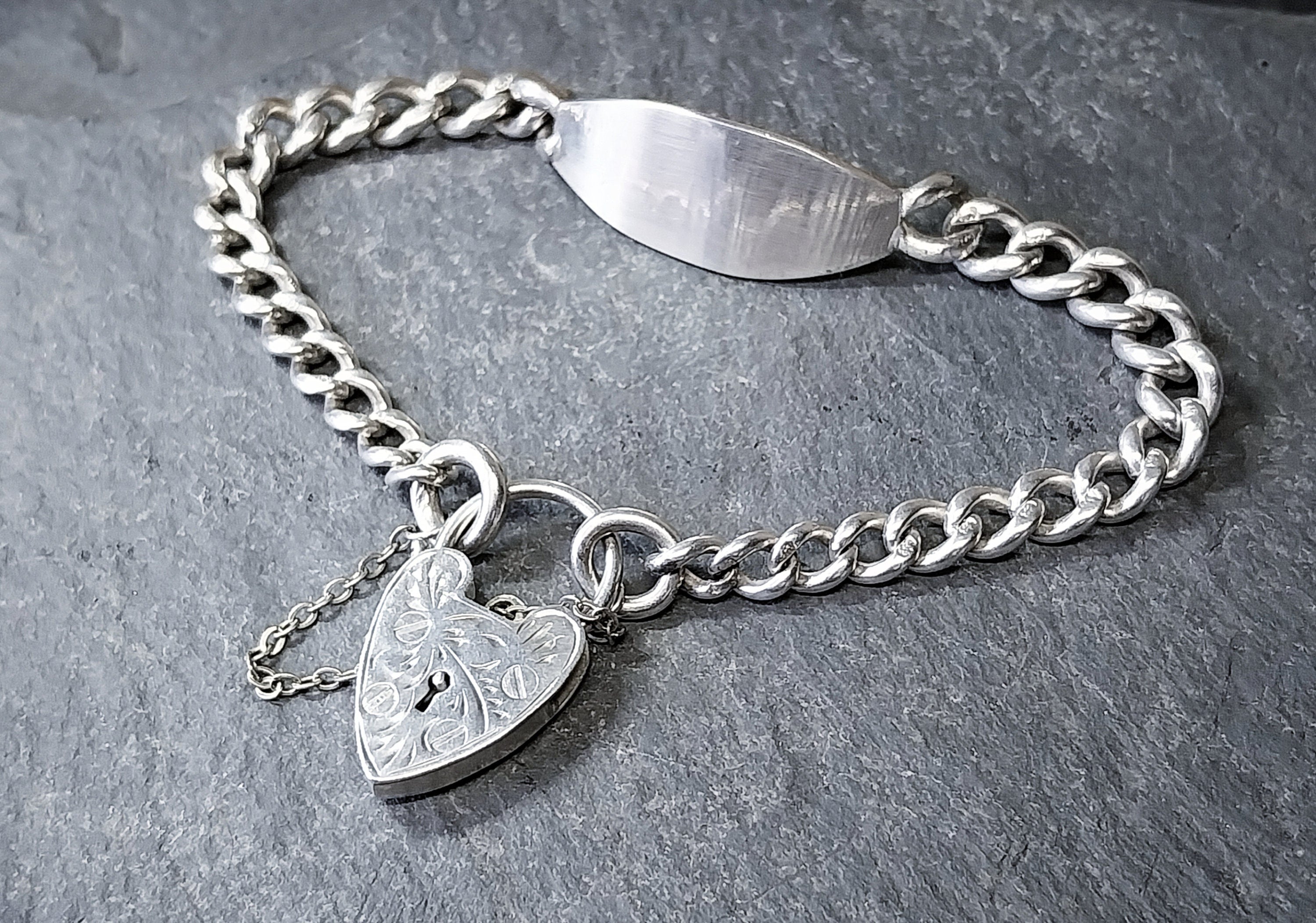 GEORG JENSEN Silver Identity Link Bracelet with Engraved Heart Clasp Padlock - 17.8g