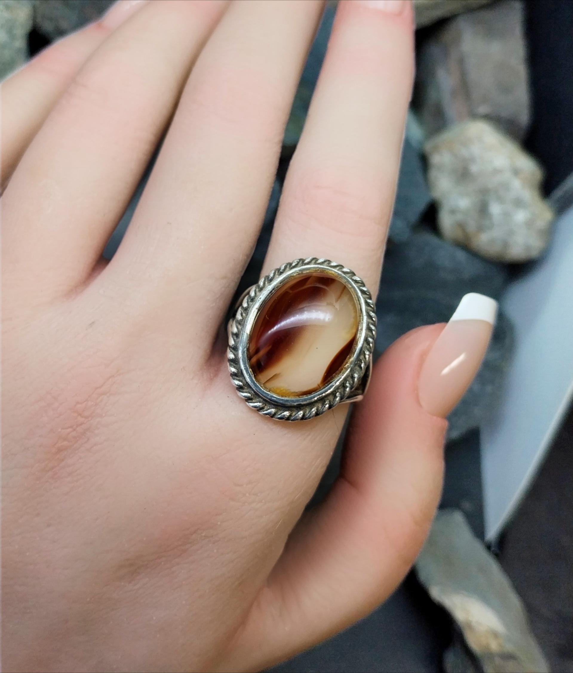 Vintage SILVER Jasper Flame AGATE Ring - Size uk R (us 8.5) - 7.8g