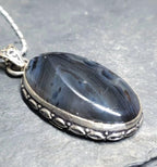 Large Sterling Silver Moss / Mottled Agate Necklace Pendant on 20" Chain - 16.4g