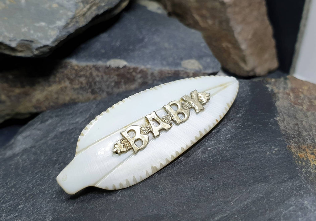 Antique BABY BROOCH - Mother of Pearl with Silver Word - Newborn