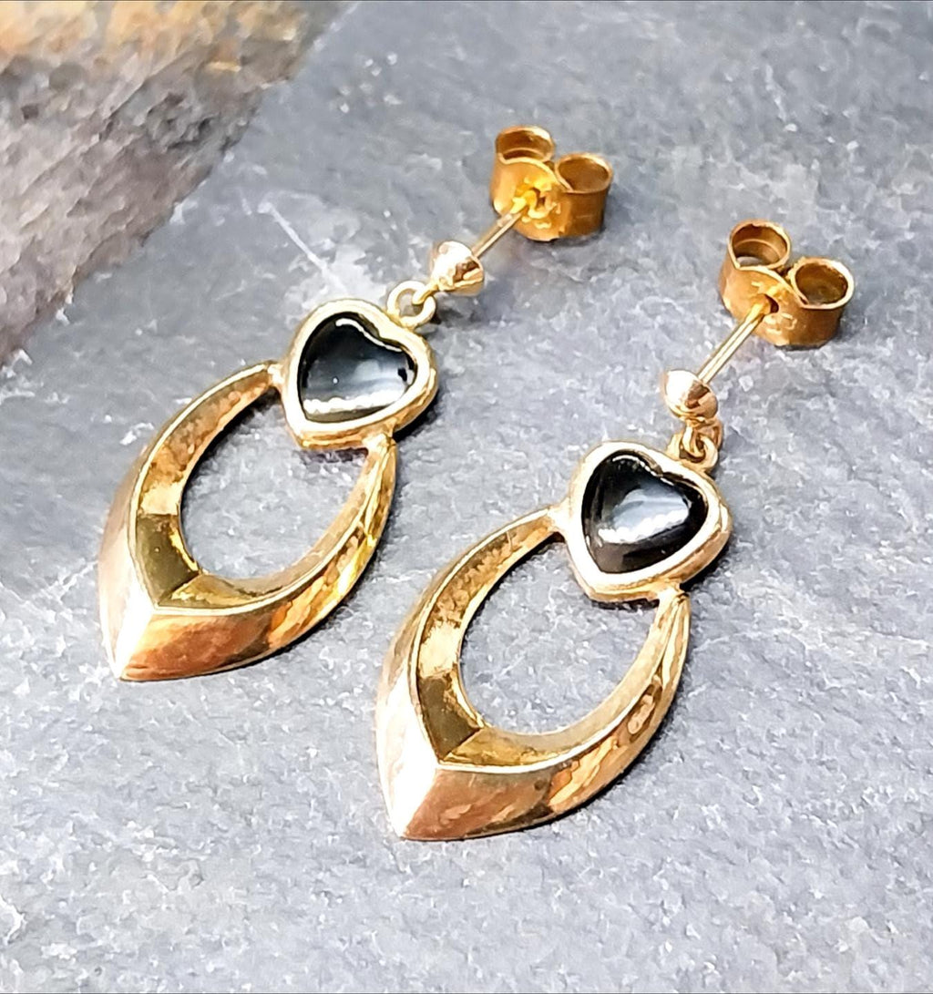 Vintage 9ct Gold EARRINGS with Black Onyx Heart - Dangling - 1.4g