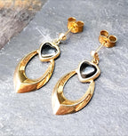 Vintage 9ct Gold EARRINGS with Black Onyx Heart - Dangling - 1.4g
