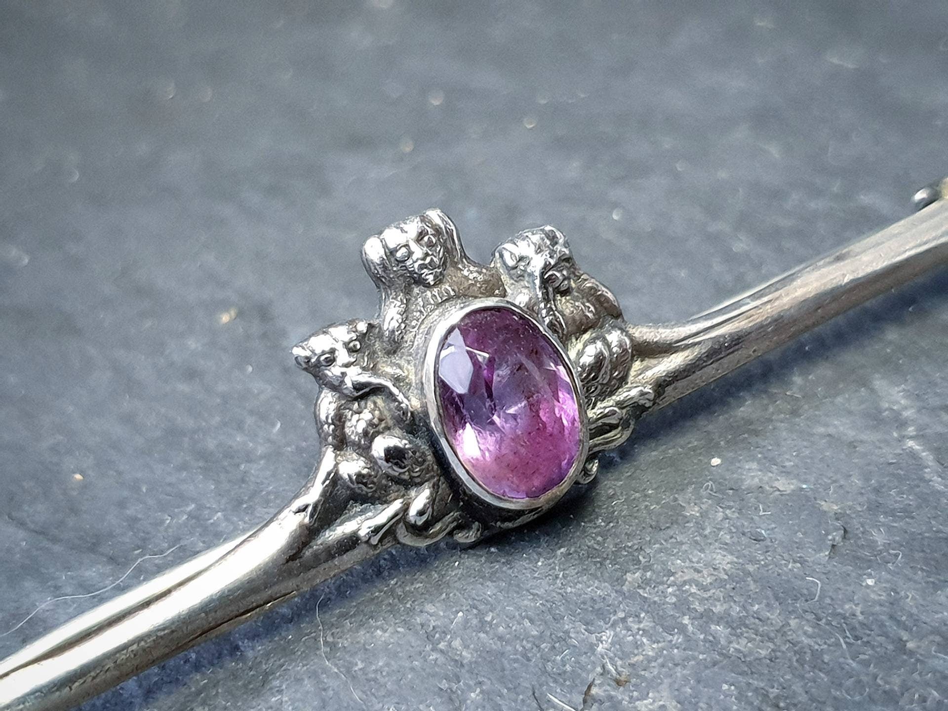 VICTORIAN AMETHYST BROOCH - Three Wise Monkeys Pin - Antique Silver