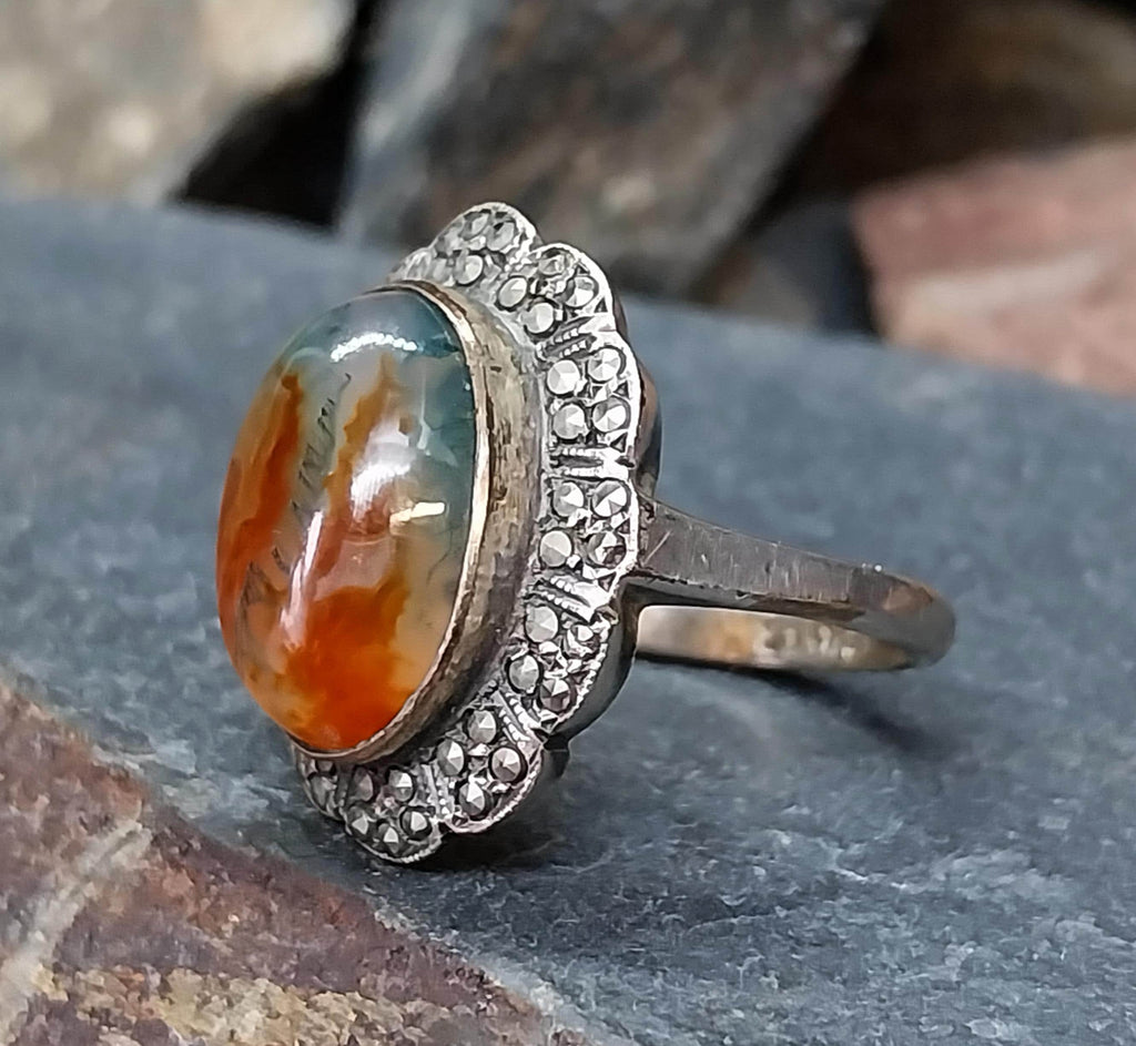 Art Deco 935 Silver MOSS AGATE RING - uk size N (us 6.5) - 5.5g