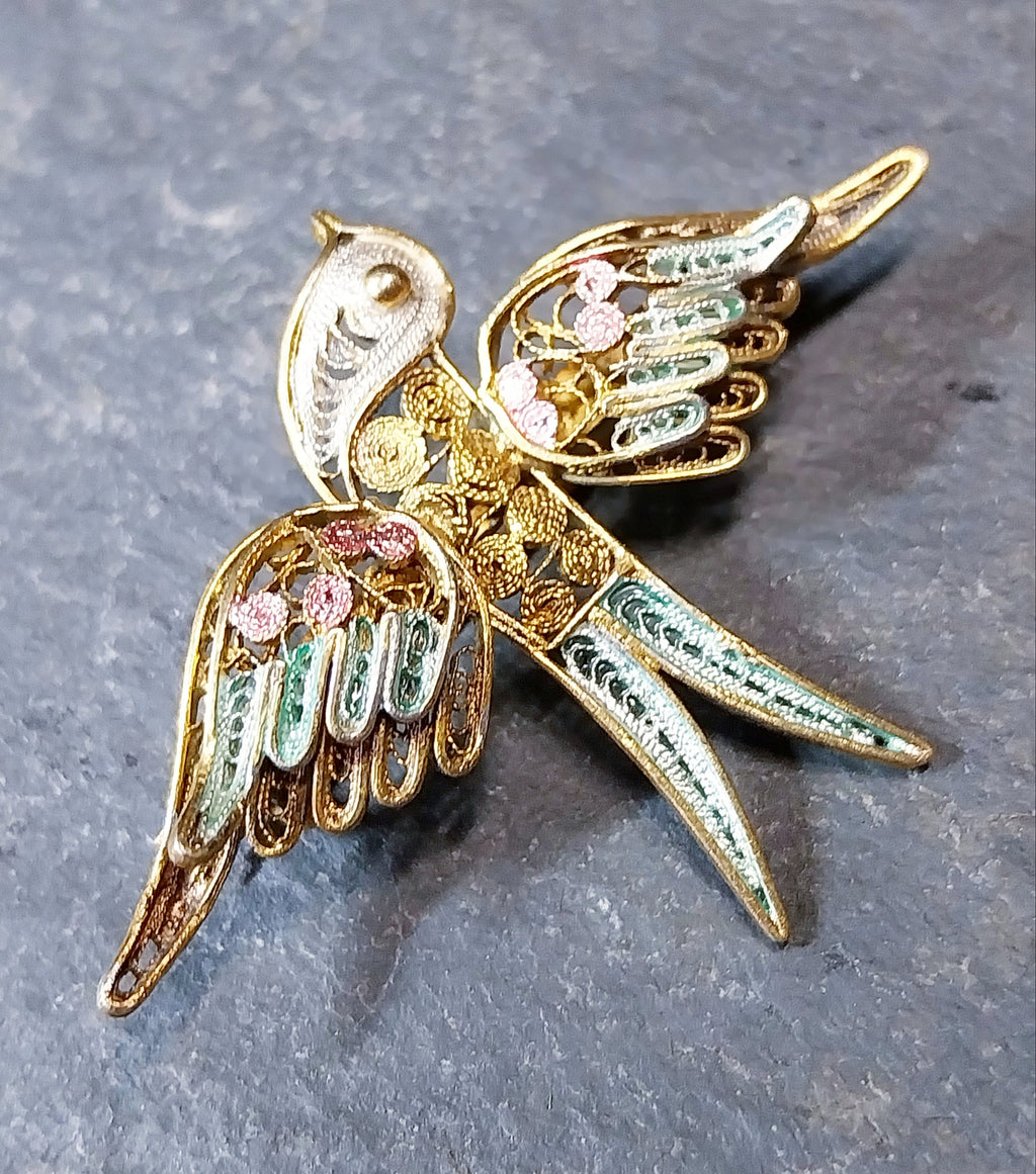 Antique SWALLOW BROOCH Filigree Wire work - Continental Pin - 4.4g