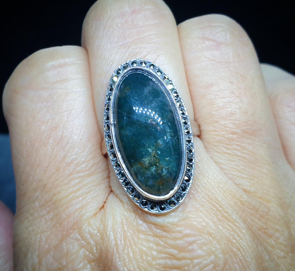 Vintage SILVER Moss Agate RING Dendritic Stone - uk size O (us 7) - 6.8g