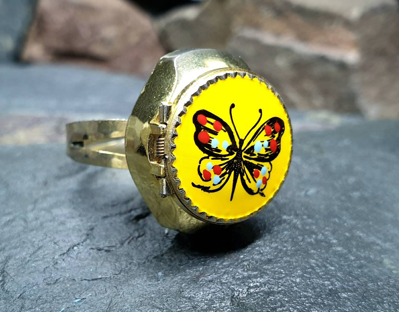 Vintage LOCKET WATCH RING - Butterfly Swissam Gold Plated - Size Adjustable - 12.1g