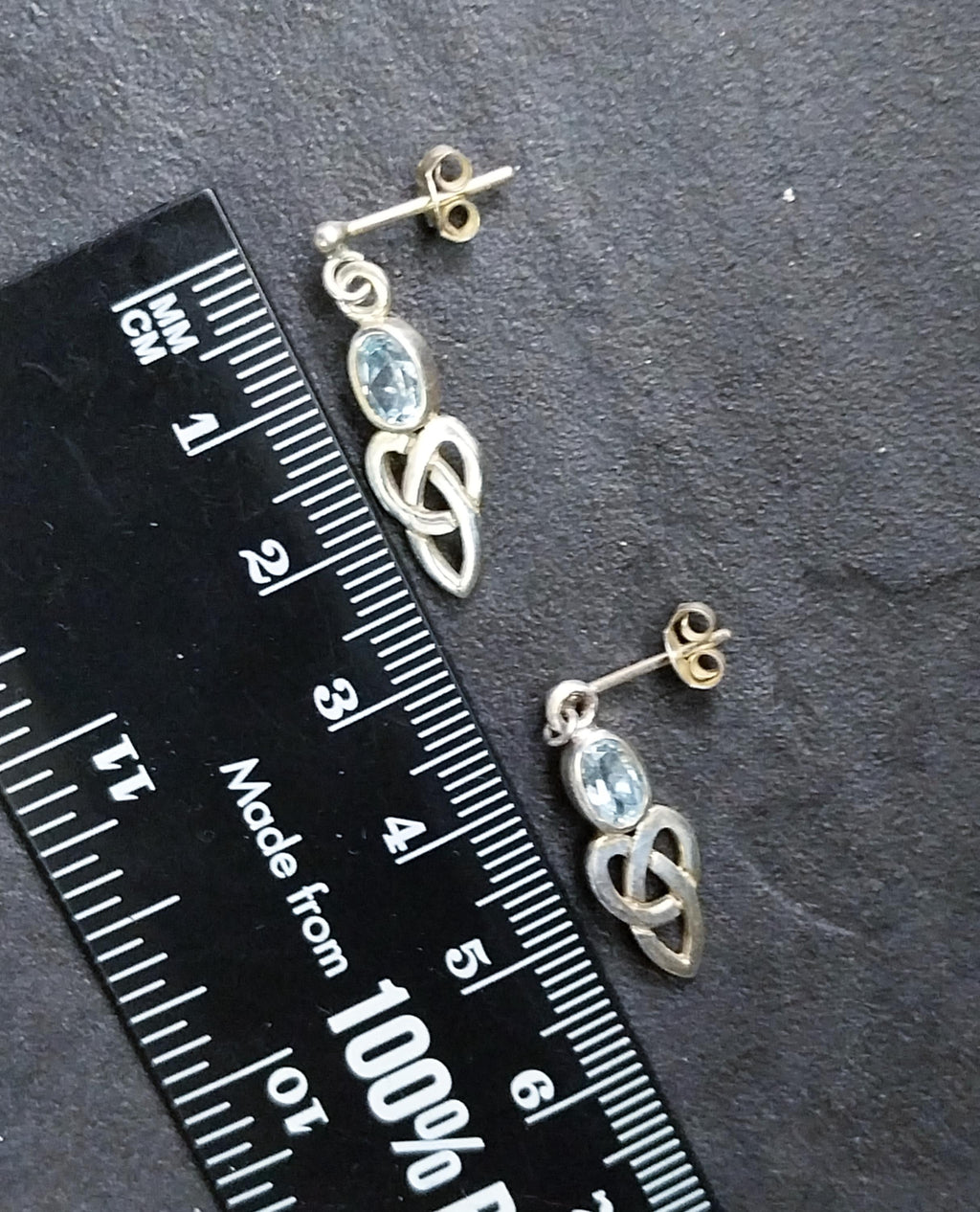 Vintage Sterling Silver Blue Topaz EARRINGS - Celtic Drop Dangling  - 2.7g
