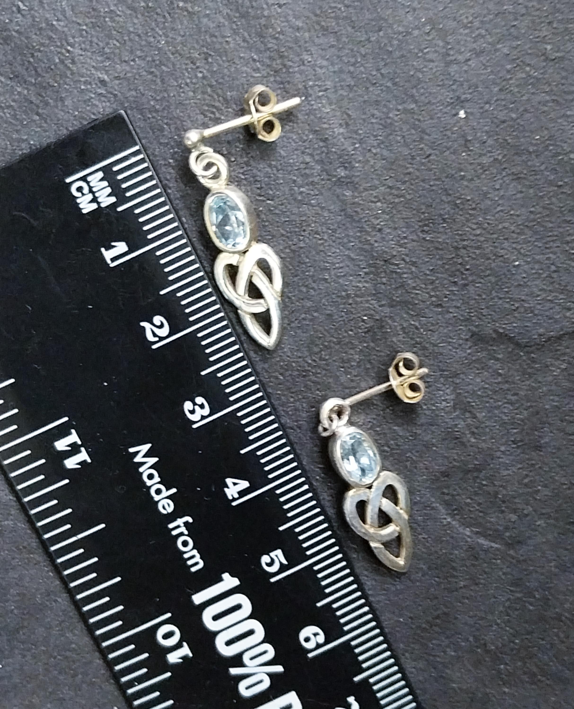 Vintage Sterling Silver Blue Topaz EARRINGS - Celtic Drop Dangling  - 2.7g