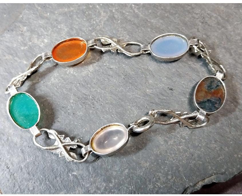 Vintage STERLING SILVER Agate and Thistle Bracelet - 20cm - 11.3g