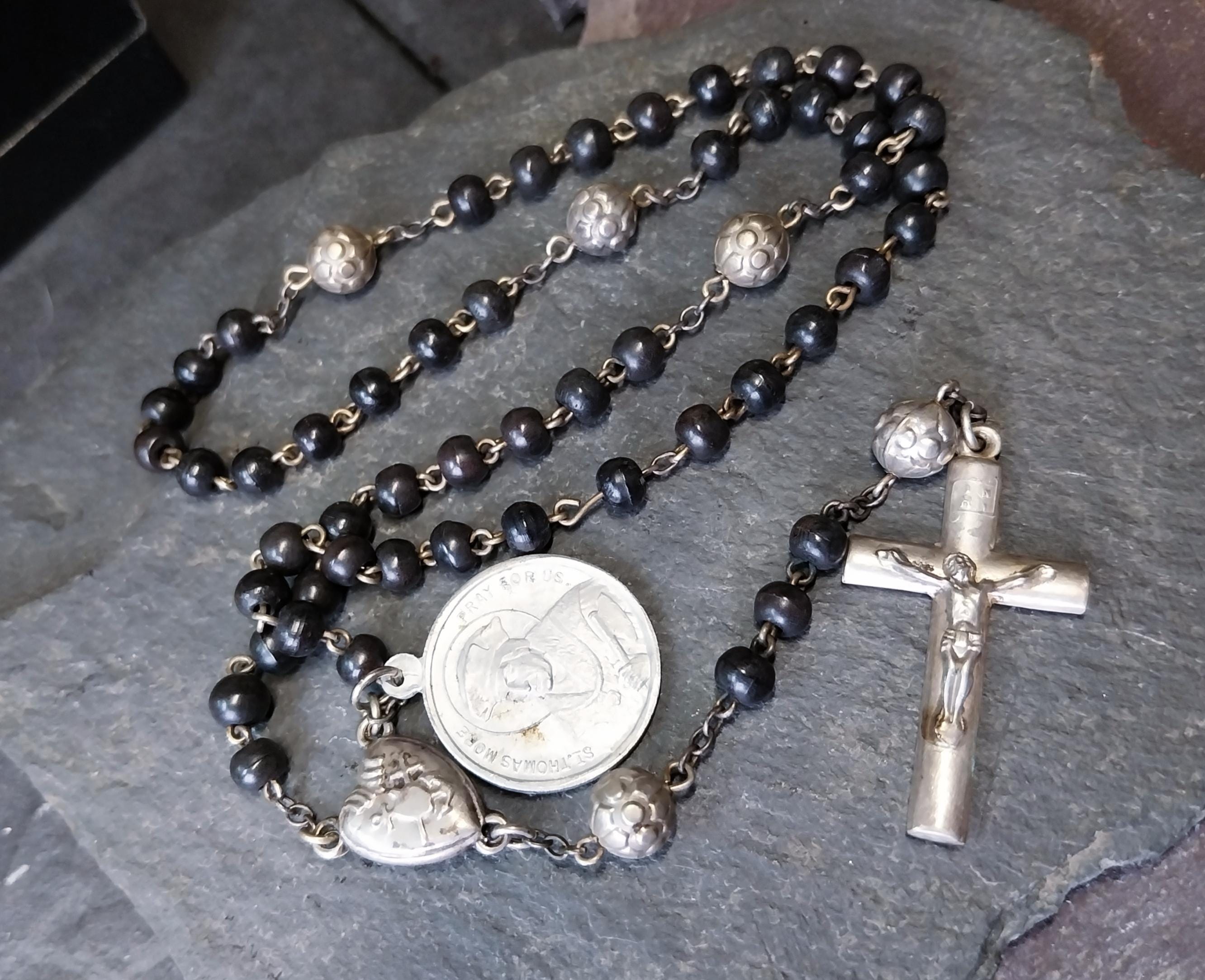 Vintage Small BLACK ROSARY BEADS with Crucifix - Short 14" - 13g