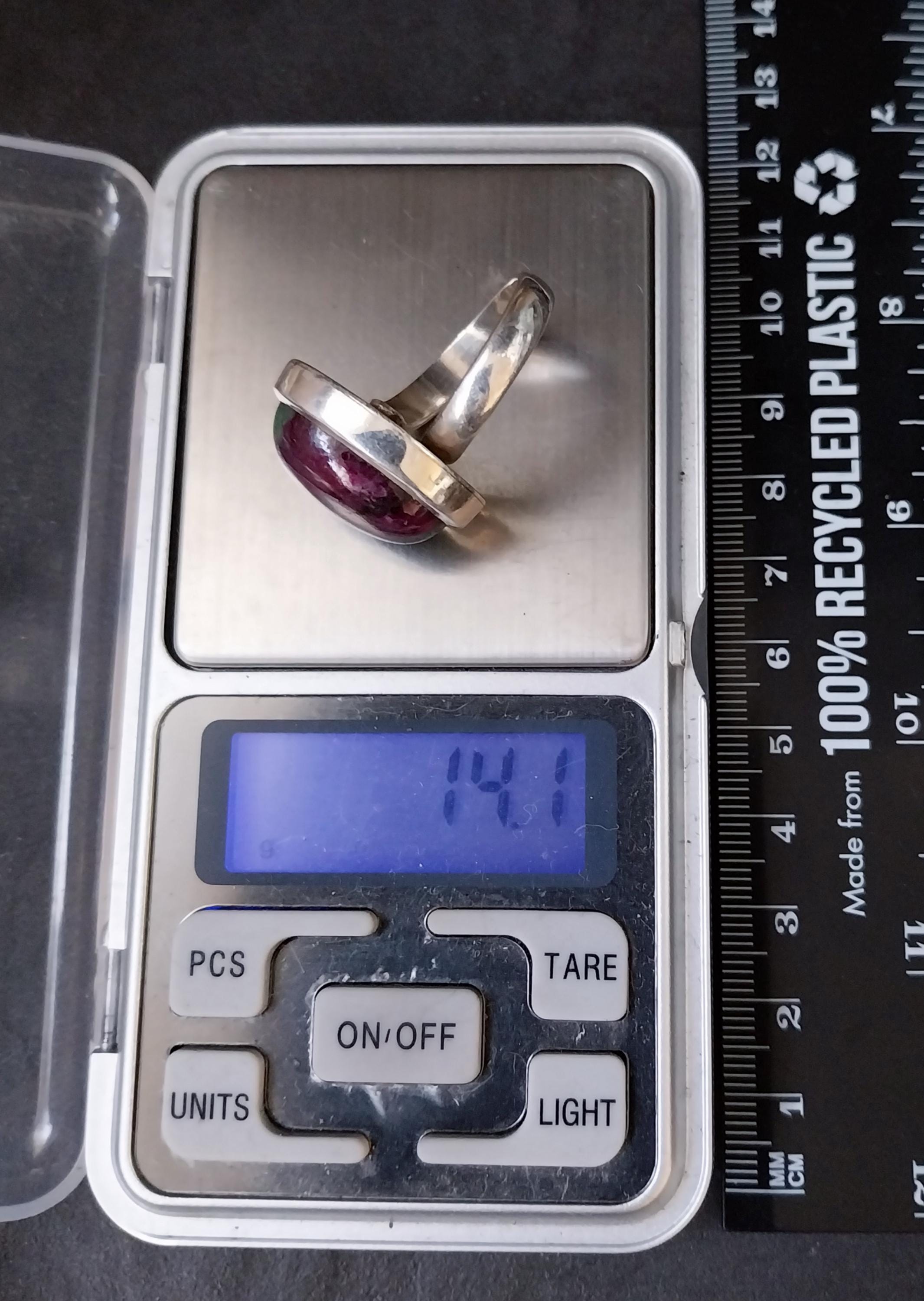 Sterling Silver RING - Large Moss Agate and Plum Red - uk size Q (us 8) - 14.1g