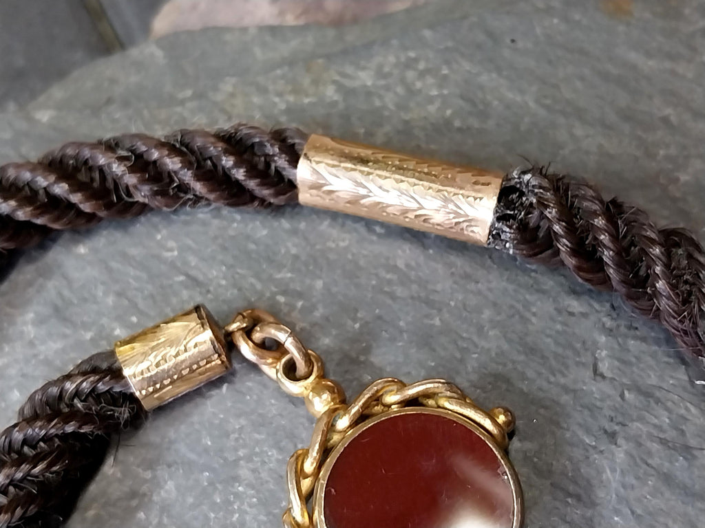 Victorian HAIR Watch chain with Rolled Gold Bloodstone swivel fob - 14" 16.4g