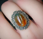 Art Deco 935 Silver MOSS AGATE RING - uk size N (us 6.5) - 5.5g
