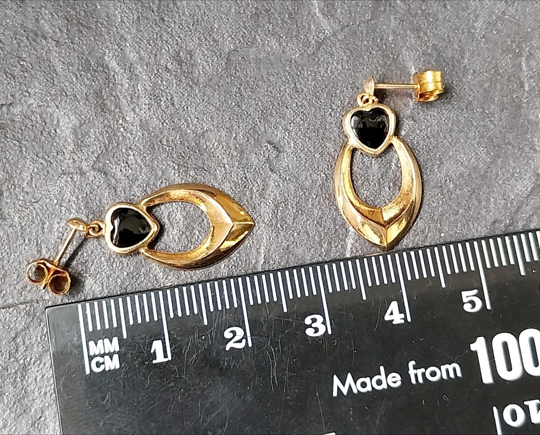 Vintage 9ct Gold EARRINGS with Black Onyx Heart - Dangling - 1.4g