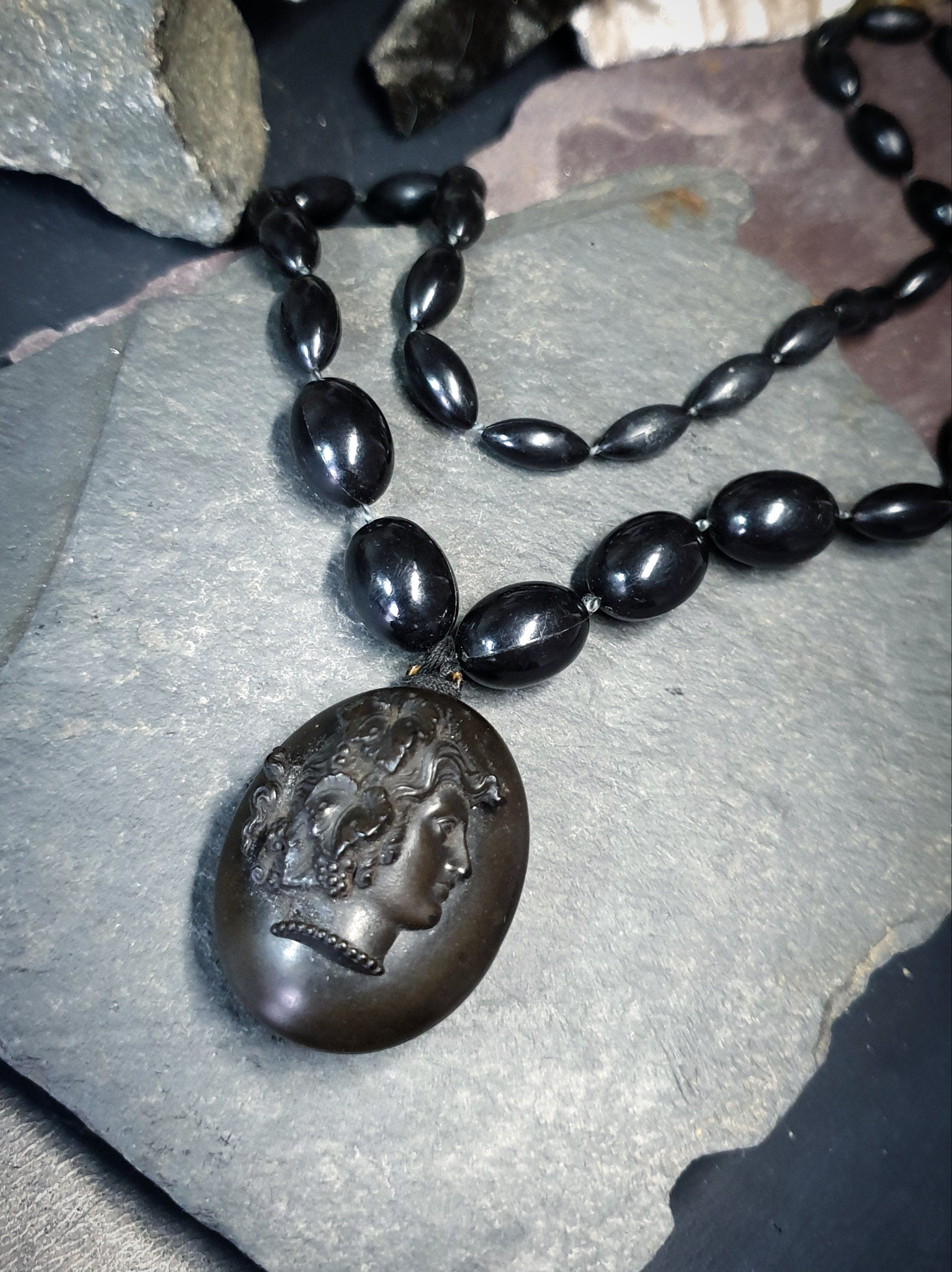 Victorian BOG OAK LOCKET and Bead Necklace with Bacchante Cameo carving