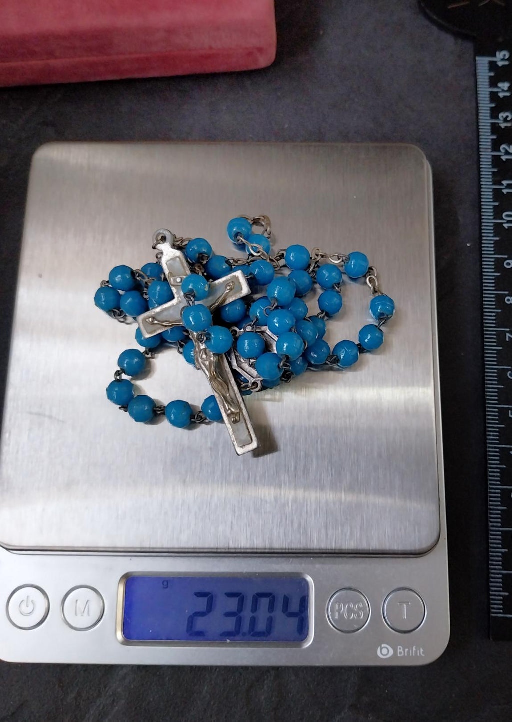 Vintage French BLUE ROSARY Beads, Old Prayer Beads and crucifix - 24" - 23g