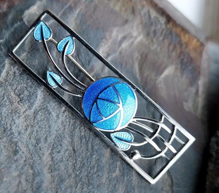 Vintage Blue Rose Brooch - Mackintosh Rose Enamelled by Sea Gems - 5g