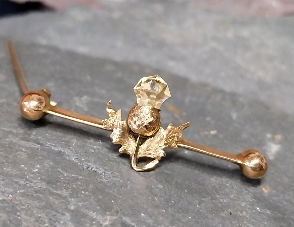 Antique 9ct Gold Thistle and Citrine Bar Brooch - 1.8g