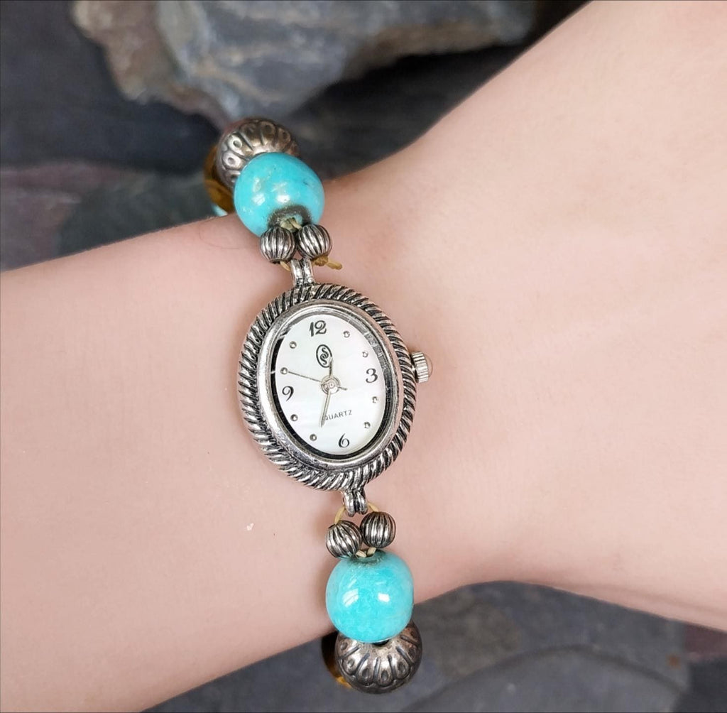 Vintage Sterling Silver WATCH - with Gemstone Bracelet Strap elasticated - 28.6g
