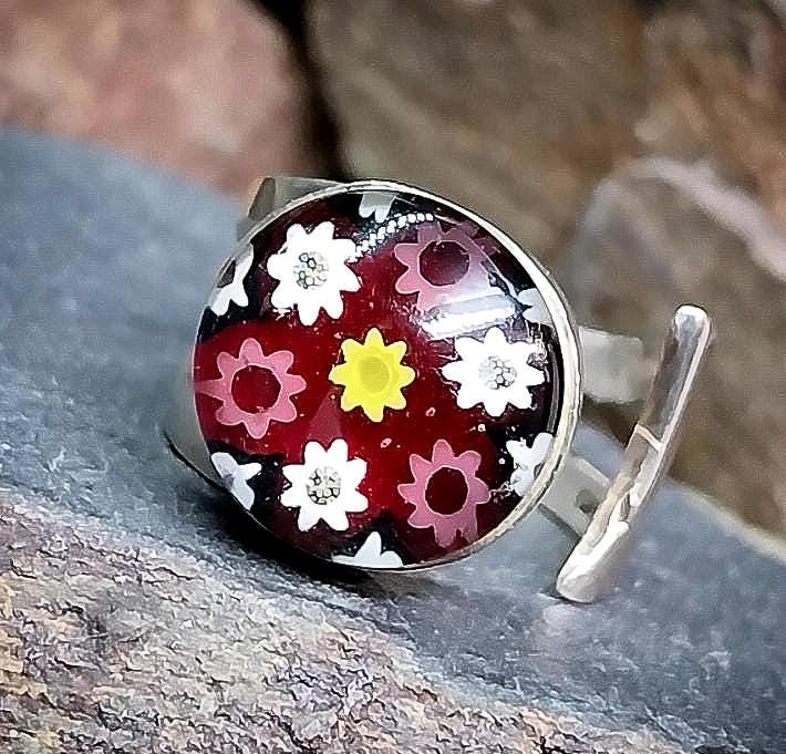 Sterling SILVER CAITHNESS Glass Ring - Millefiori adjustable size - 7.6g