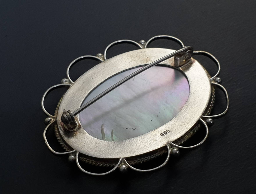 MINIATURE Hand Painted BROOCH - Scottish Loch or Lake in mop & Sterling Silver 13.4g