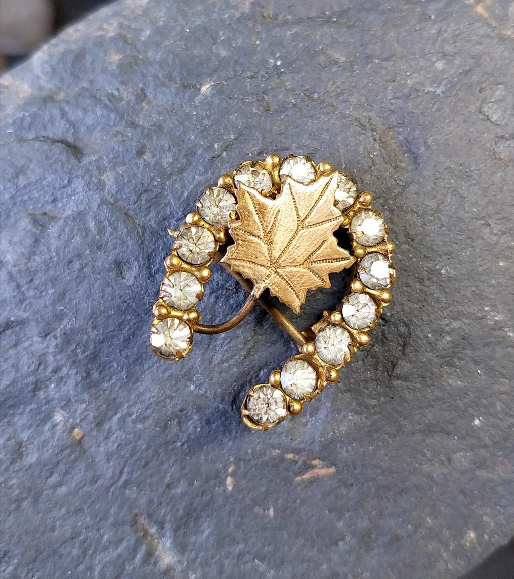 Antique HORSESHOE BROOCH - 9ct Gold Maple Leaf with Paste Stones 3.5g