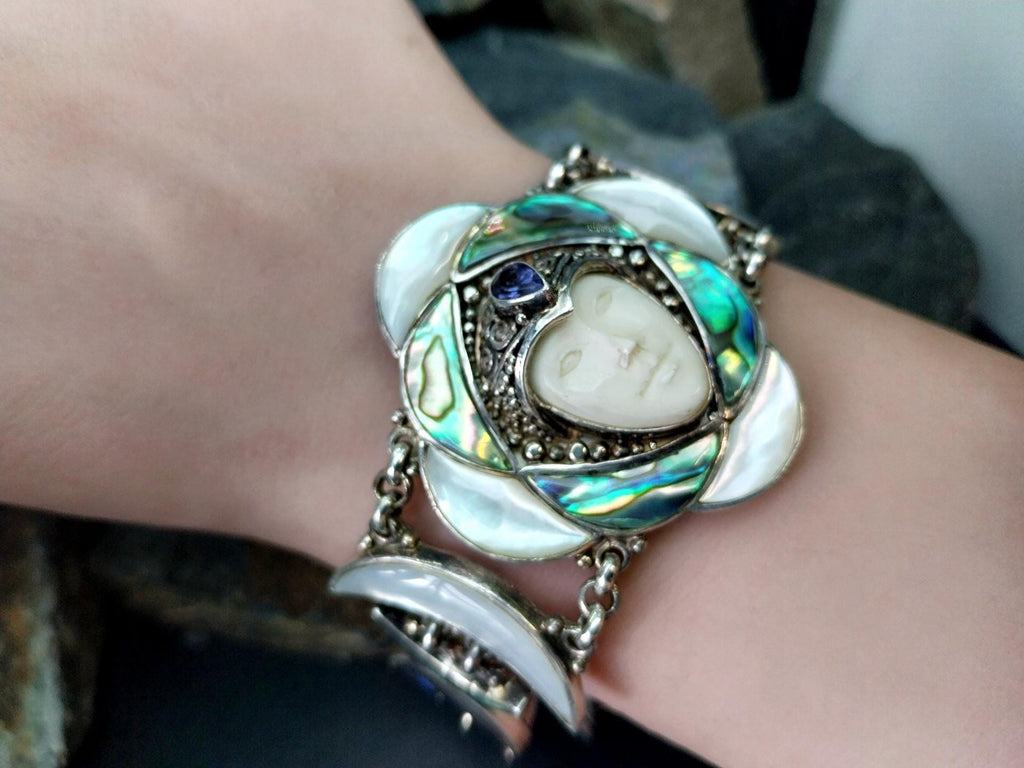 SAJEN Sterling Silver Carved Goddess Face Bracelet - adjustable - 49.6g