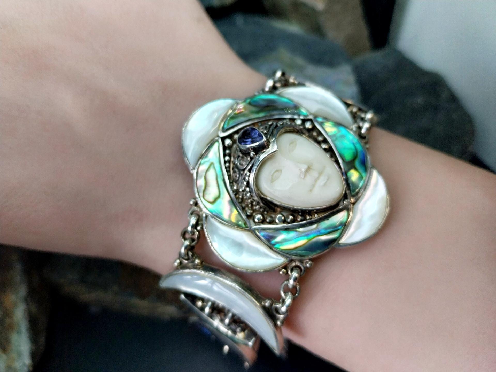 SAJEN Sterling Silver Carved Goddess Face Bracelet - adjustable - 49.6g