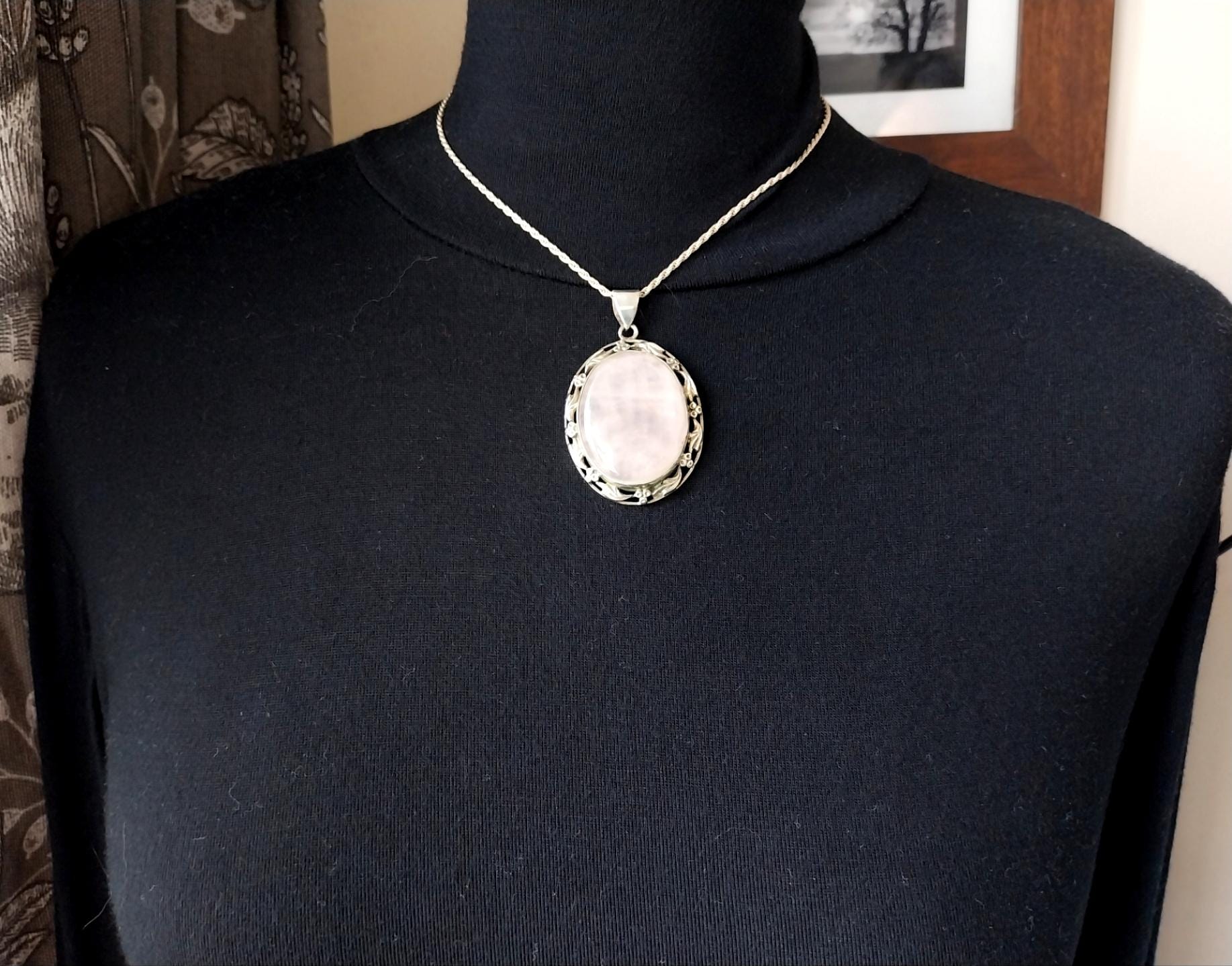 Vtg Large Sterling Silver ROSE QUARTZ  Pendant Necklace on 16" Chain - 21.2g