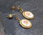 Vintage 9ct Gold Pink Rose EARRINGS - Dangly - 1g