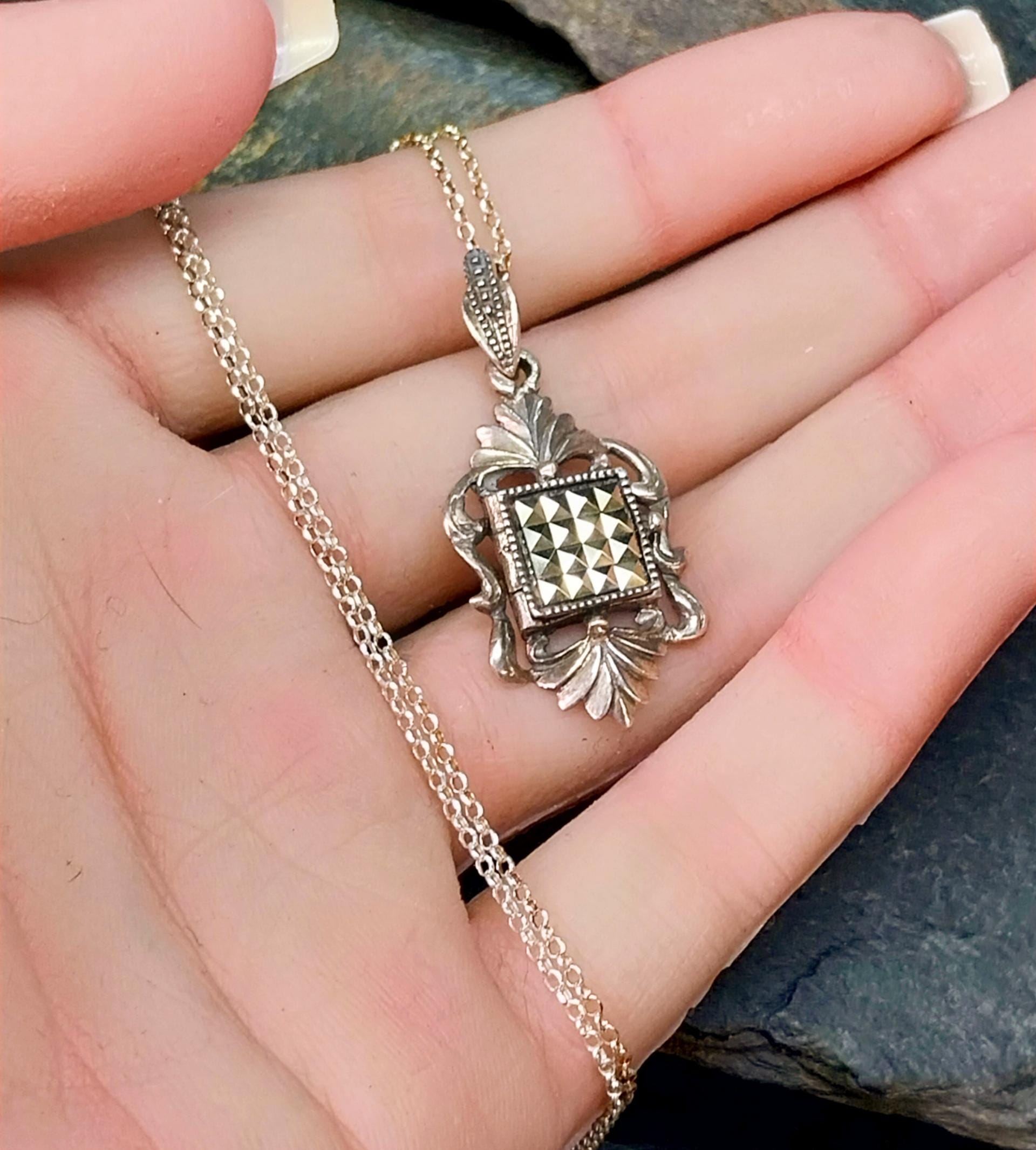 Vintage Unusual Locket - with Marcasites on 18" Chain - 5g