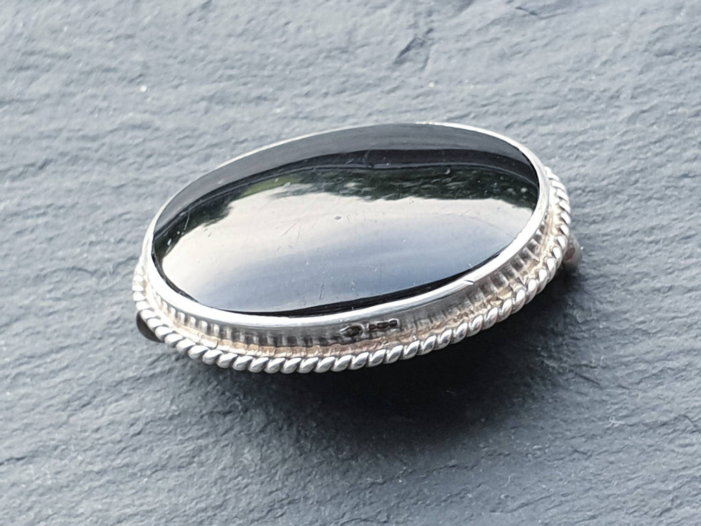 SILVER ONYX BROOCH Pin Victorian Style, Vintage with Jet Black Stone