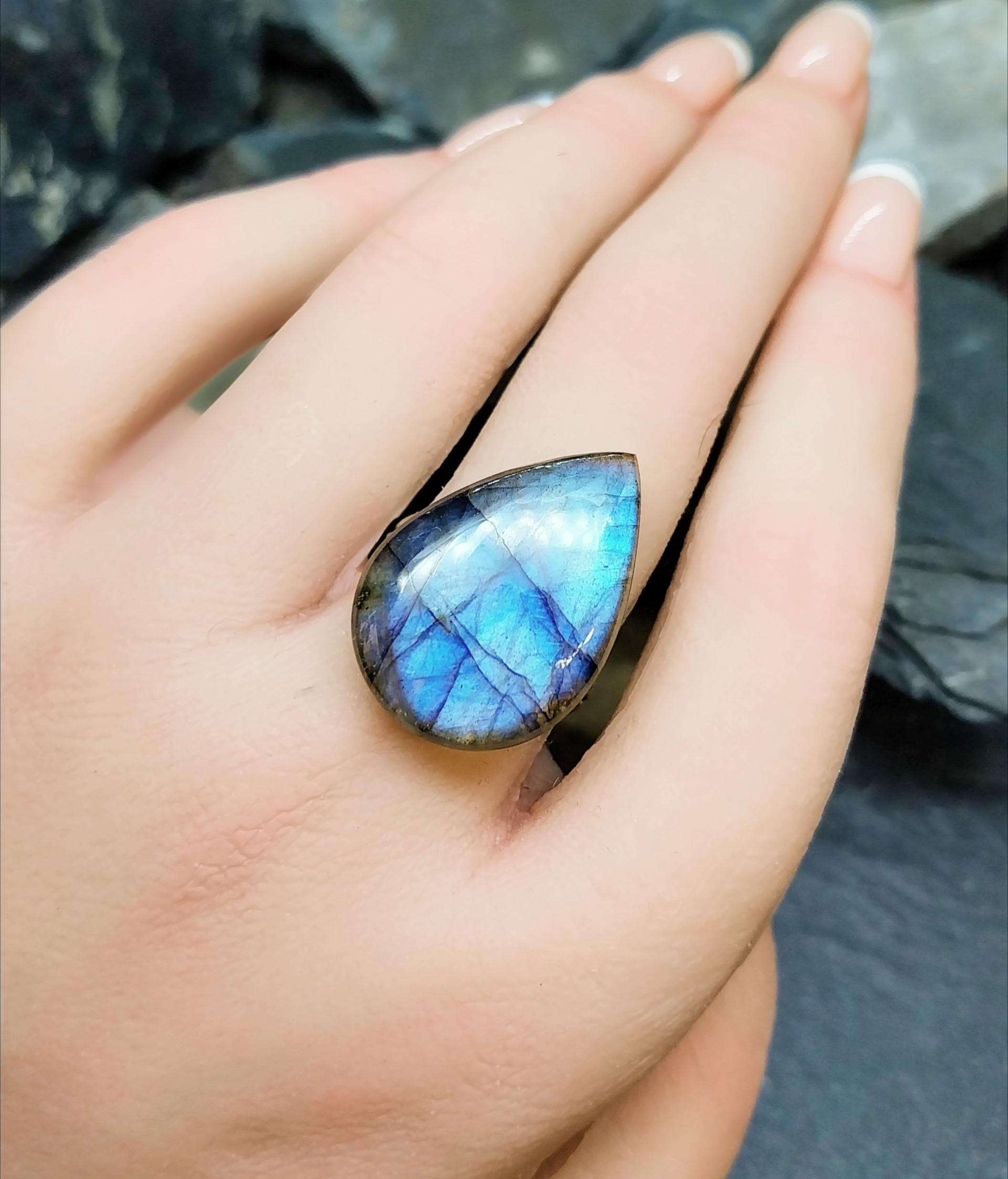 Vintage Labradorite Teardrop Sterling Silver Ring - Size O (7) 7.1g