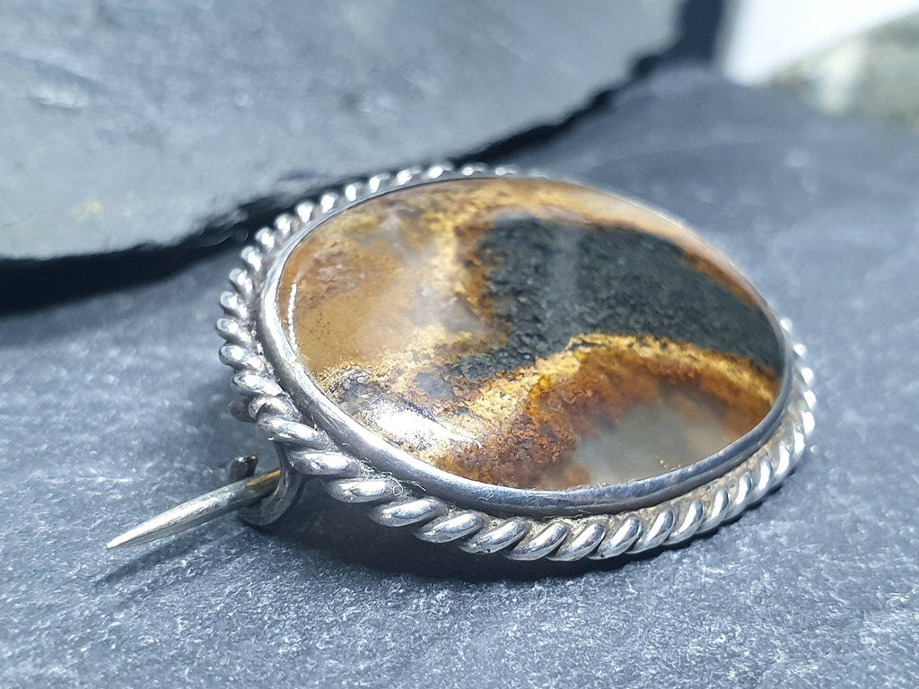 Antique Silver Moss Agate Landscape Brooch - Victorian Sterling Silver - 5.3g