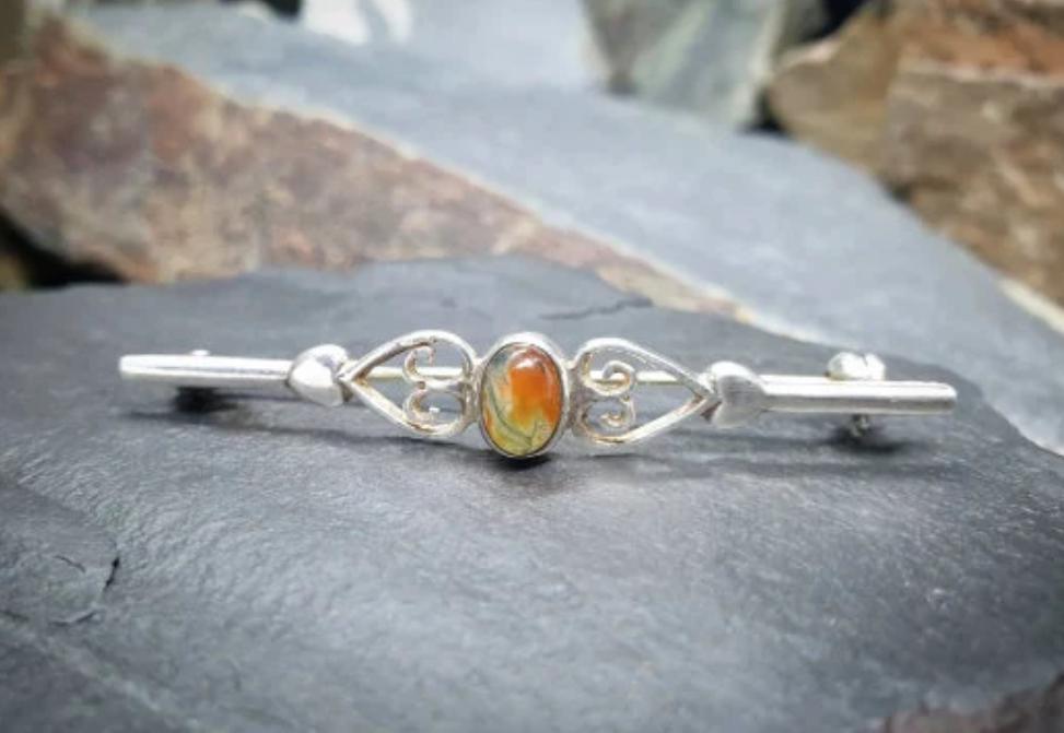 Vintage SILVER Moss Agate Bar Brooch - Sterling Silver - 3g