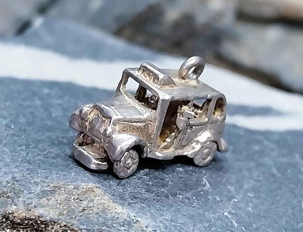 SILVER TAXI Cab CHARM - Vintage Opening & Moving car for Bracelet - 3.3g