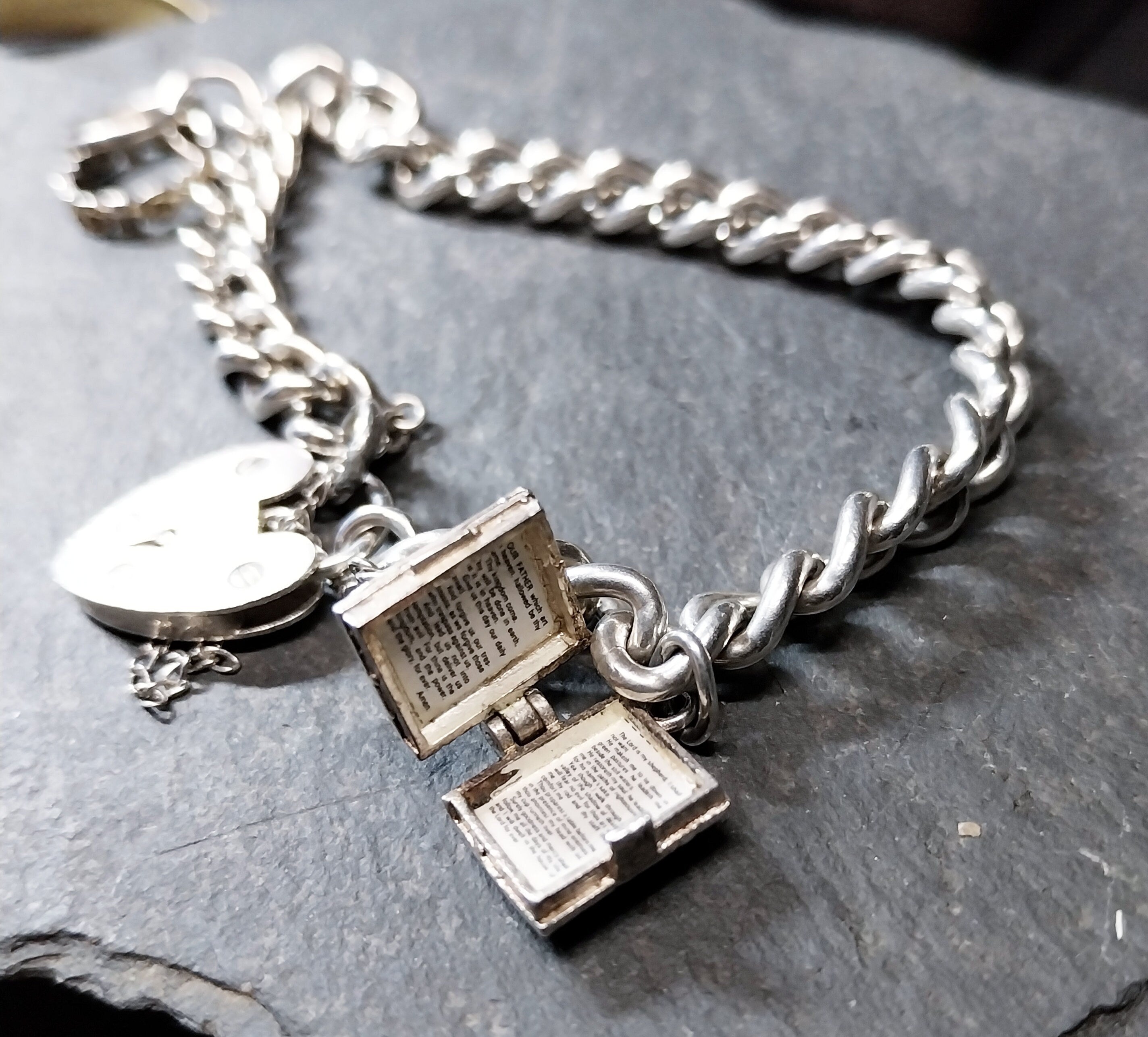 Vintage Silver CHARM BRACELET with Bible and Rings Charms with heart padlock clasp - 27.4g