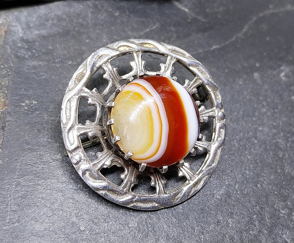 Robert Allison BROOCH - Striped Agate Scottish Silver Hallmarked c.1961 - 8.5g