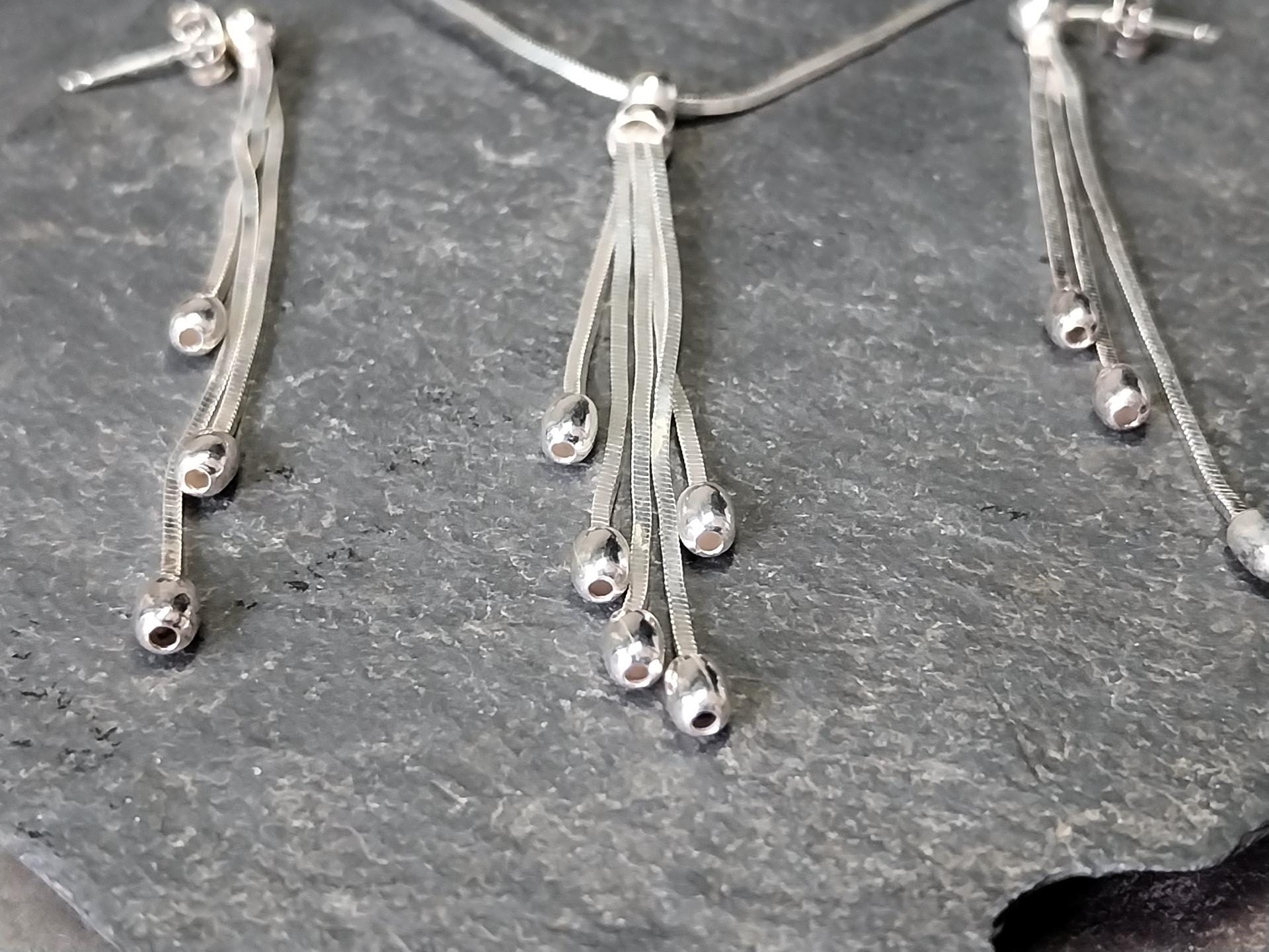 French STERLING SILVER Necklace and Matching Earrings Gift Set - Multi Strand - 10.1g