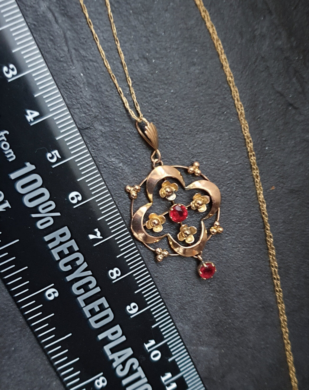 Edwardian 9ct Rose GOLD Red Gemstone Drop Pendant Necklace 20" Chain - 2.6g