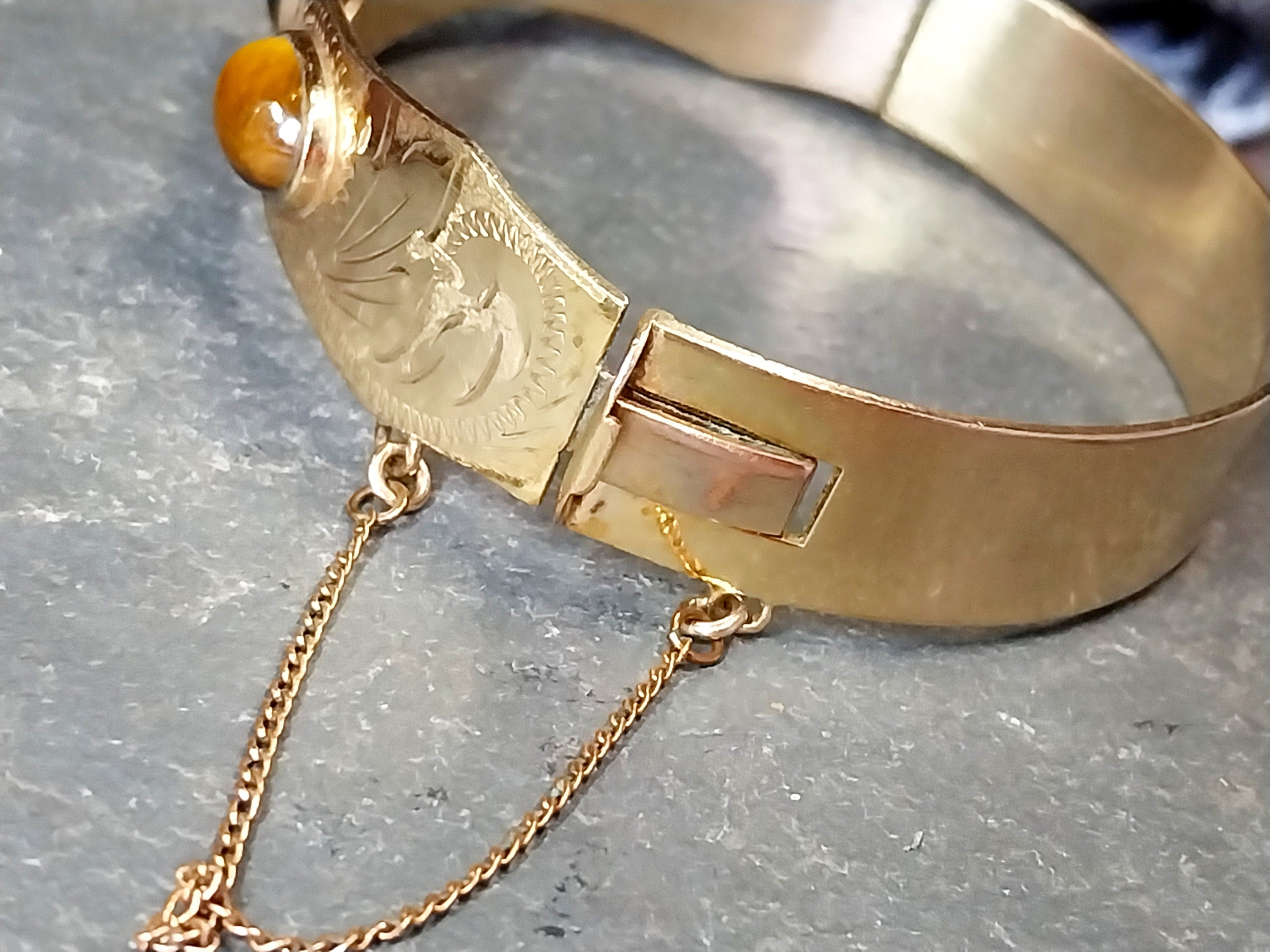 Vintage 12ct Rolled Gold Tigers Eye BANGLE Bracelet - Excalibur - 24.2g