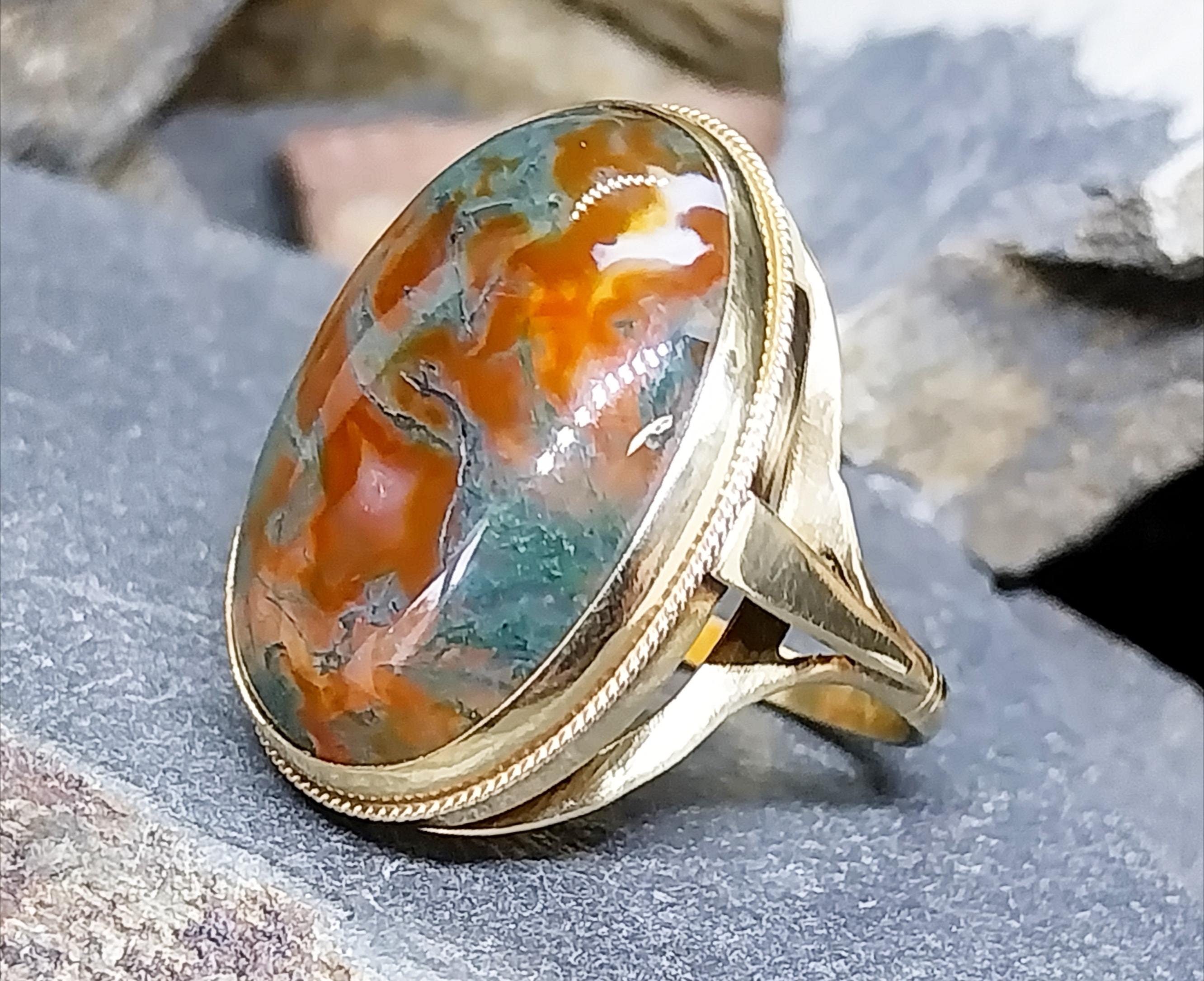 Huge Vintage 9ct Gold MOSS AGATE Ring - Dendritic - Size uk P (us 7.5) - 8.1g
