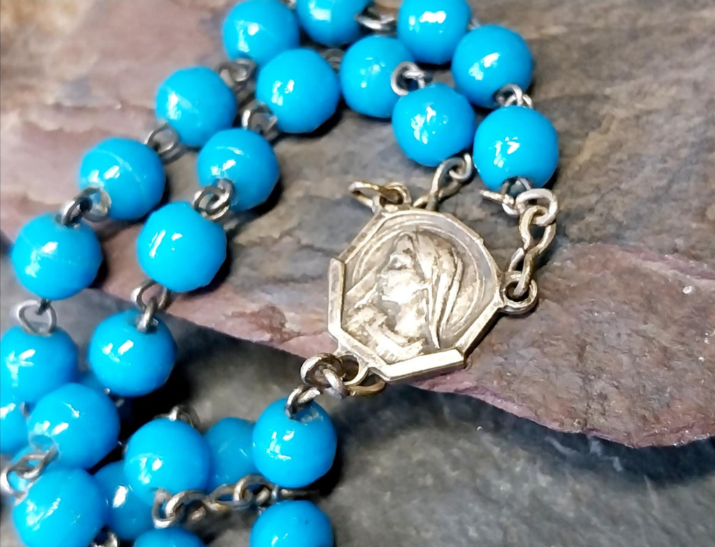 Vintage French BLUE ROSARY Beads, Old Prayer Beads and crucifix - 24" - 23g