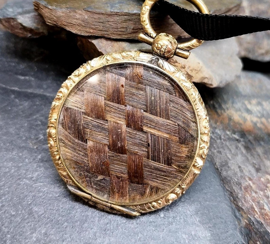 Antique Rolled GOLD MOURNING LOCKET Fob - Braided Hair, Memento Mori - 12.7g